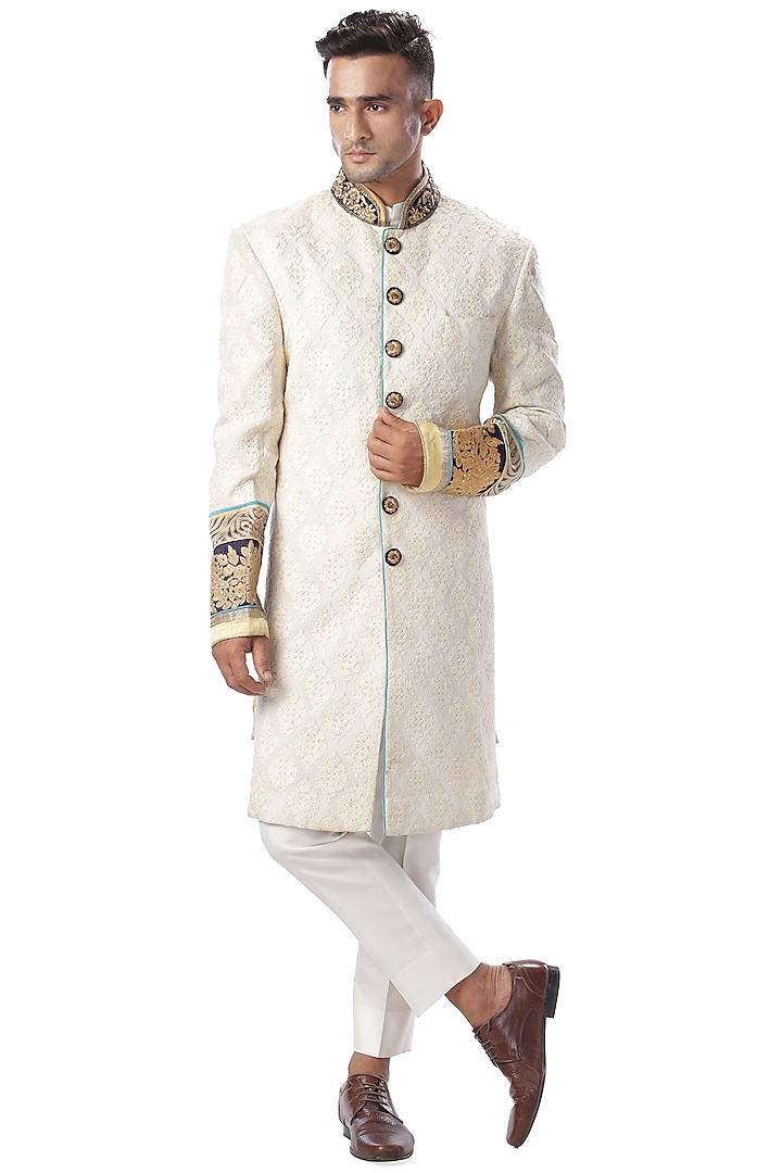 White Machine Embroidered Wedding Sherwani Set by Kommal Sood at Pernia's Pop Up Shop