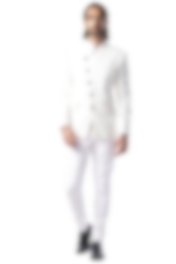 White Pleated Bandhgala Jacket Set by Kommal Sood