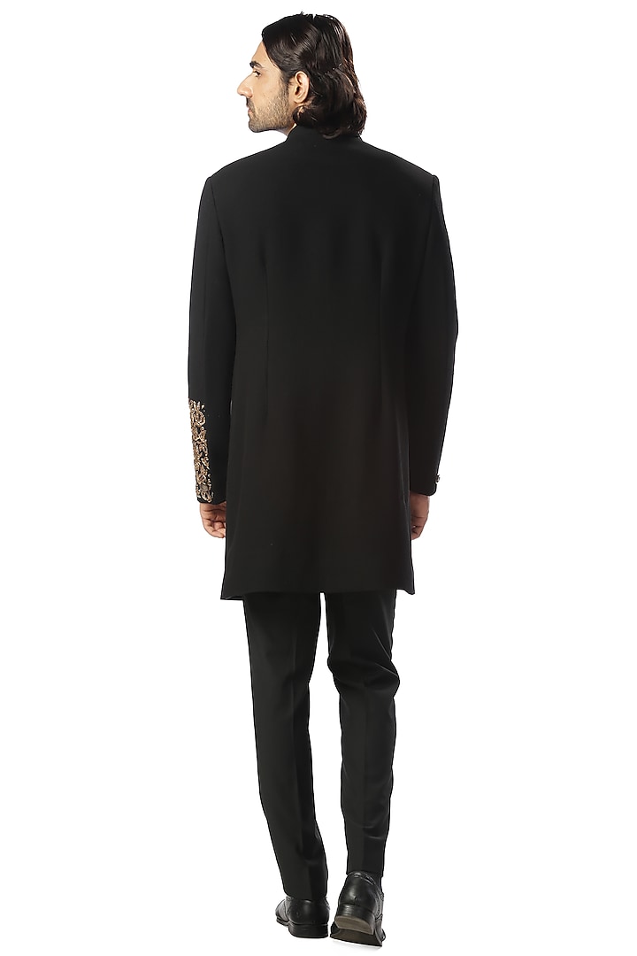 Black Mughal Embroidered Achkan Wedding Sherwani Set by Kommal Sood at Pernia's Pop Up Shop