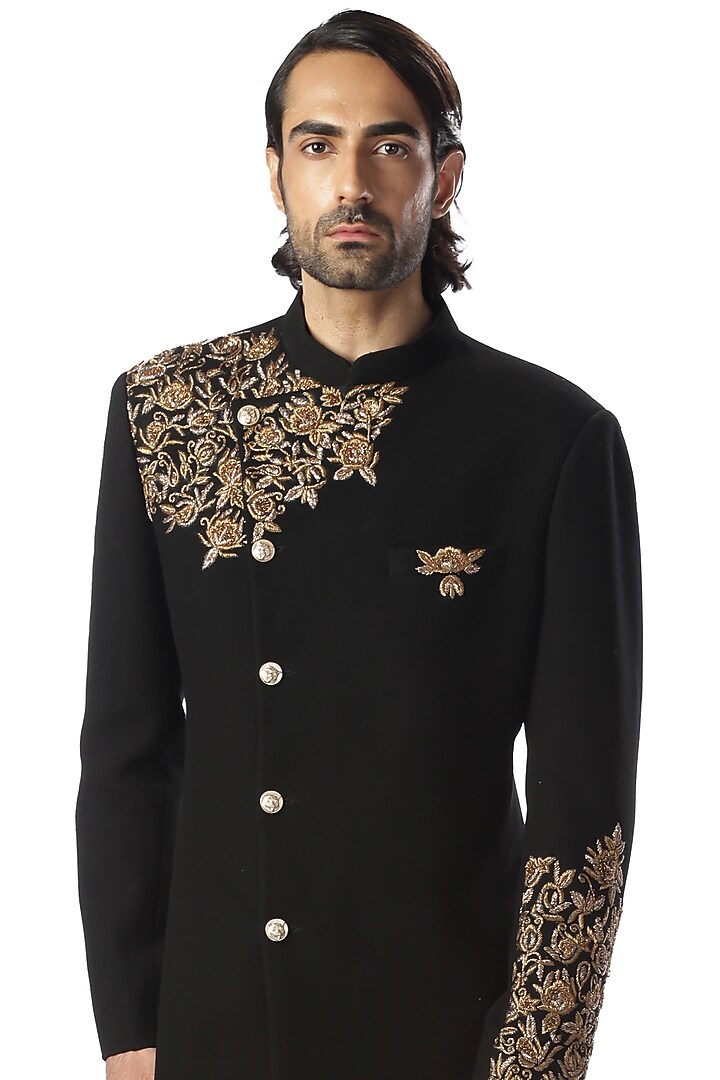 Black Mughal Embroidered Achkan Wedding Sherwani Set by Kommal Sood at Pernia's Pop Up Shop