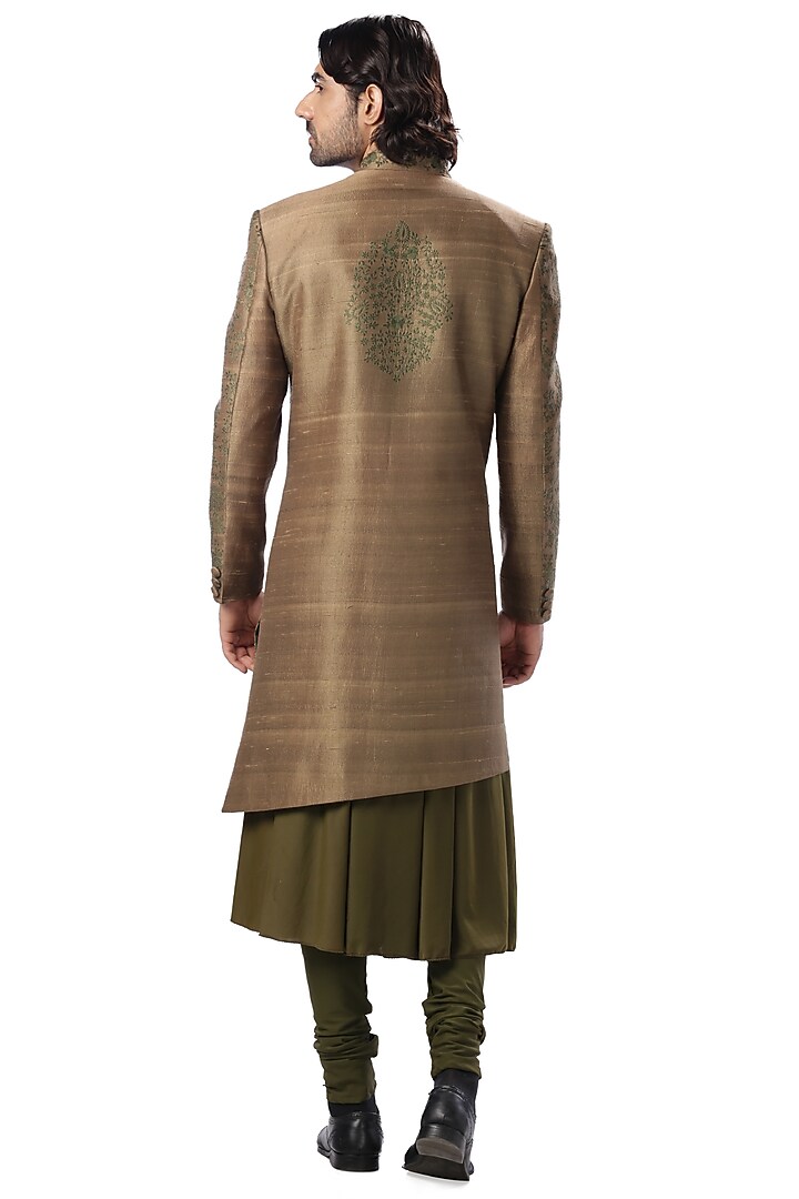Dark Olive Embroidered Achkan Wedding Sherwani Set by Kommal Sood at Pernia's Pop Up Shop