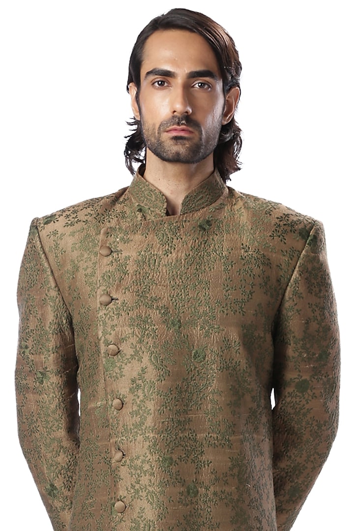 Dark Olive Embroidered Achkan Wedding Sherwani Set by Kommal Sood at Pernia's Pop Up Shop