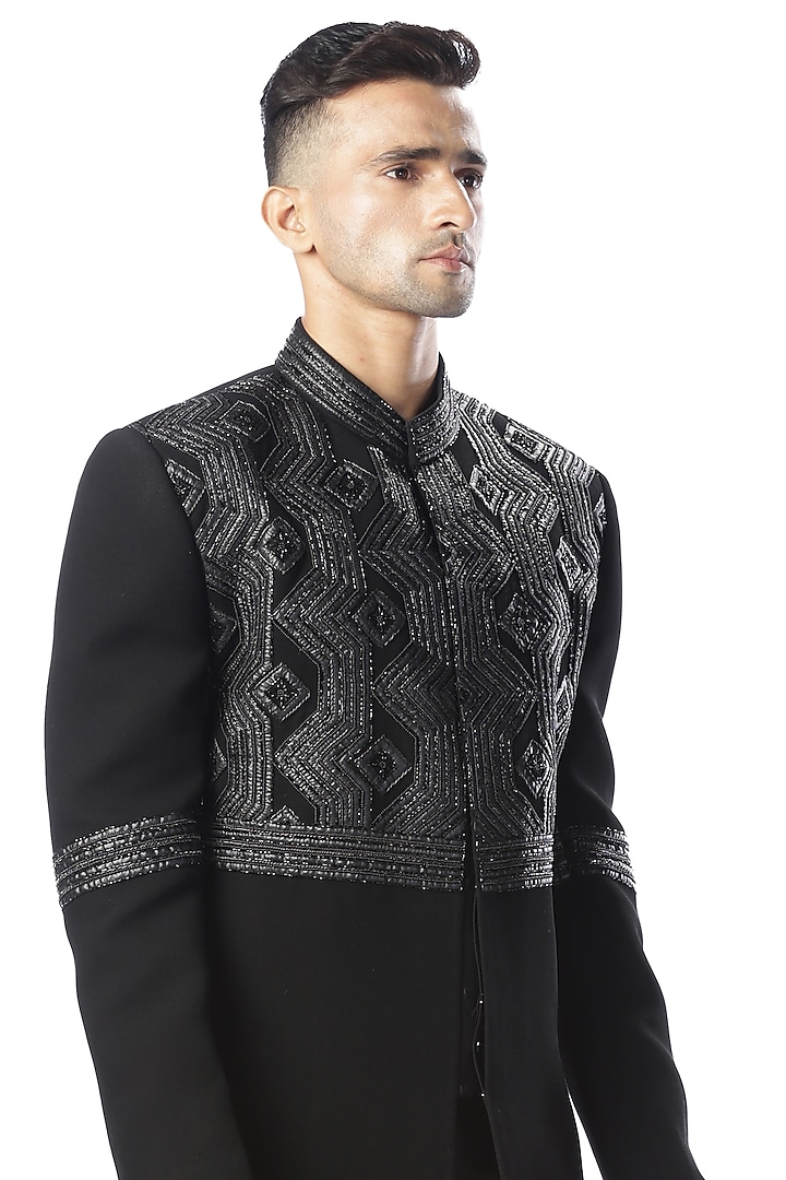 Black Graphic Embroidered Achkan Wedding Sherwani Set by Kommal Sood at Pernia's Pop Up Shop