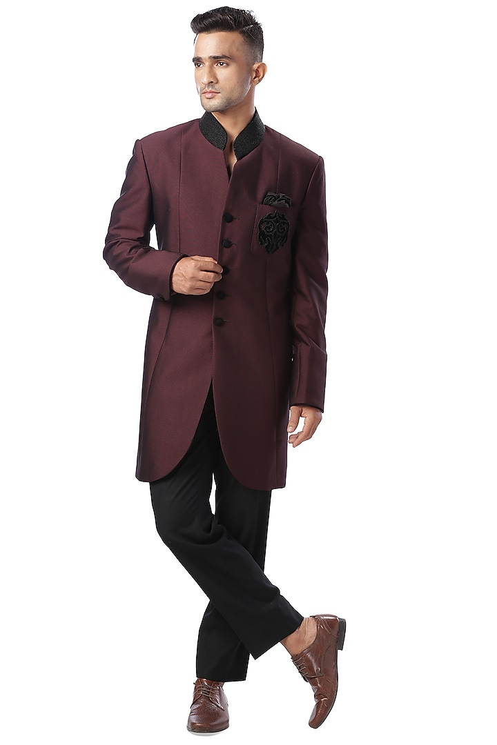 Black Beads Embroidered Achkan Wedding Sherwani Set by Kommal Sood at Pernia's Pop Up Shop
