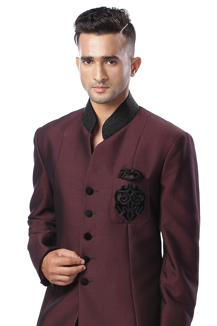 Black Beads Embroidered Achkan Wedding Sherwani Set by Kommal Sood at Pernia's Pop Up Shop