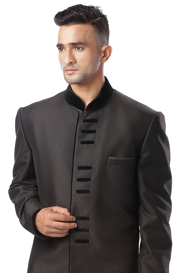 Black Cupro Achkan Wedding Sherwani Set by Kommal Sood at Pernia's Pop Up Shop