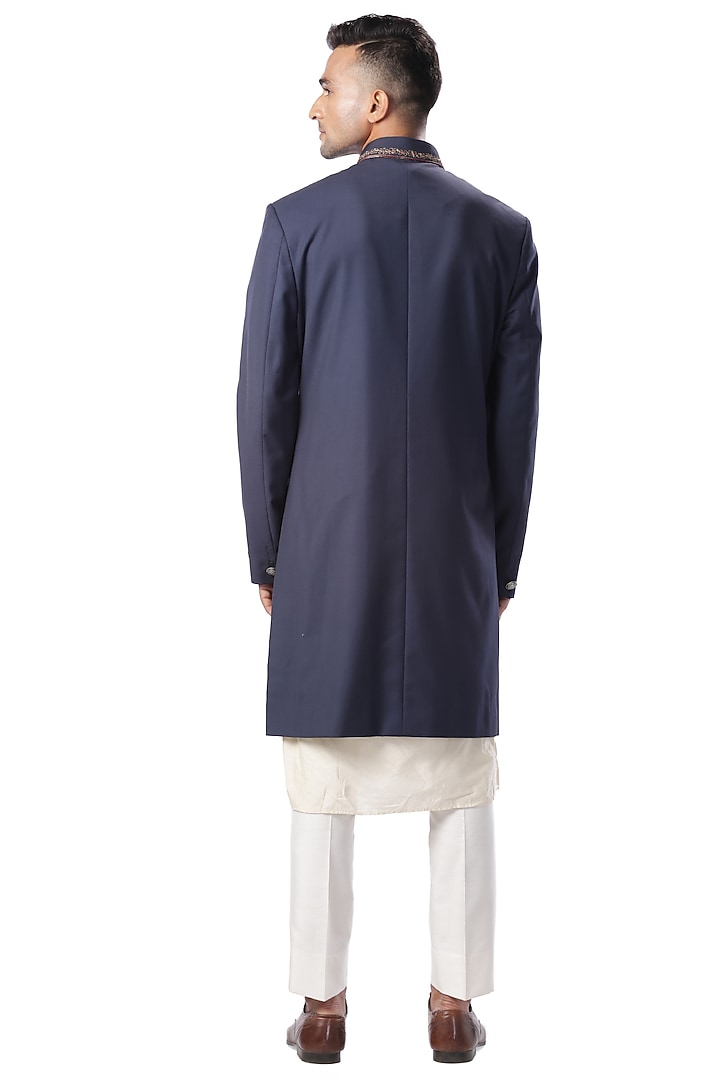 Navy Blue Zari Embroidered Achkan Wedding Sherwani Set by Kommal Sood at Pernia's Pop Up Shop