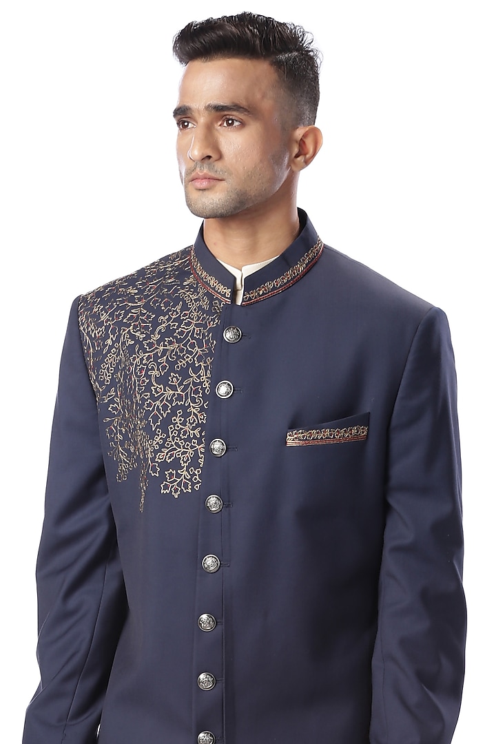 Navy Blue Zari Embroidered Achkan Wedding Sherwani Set by Kommal Sood at Pernia's Pop Up Shop