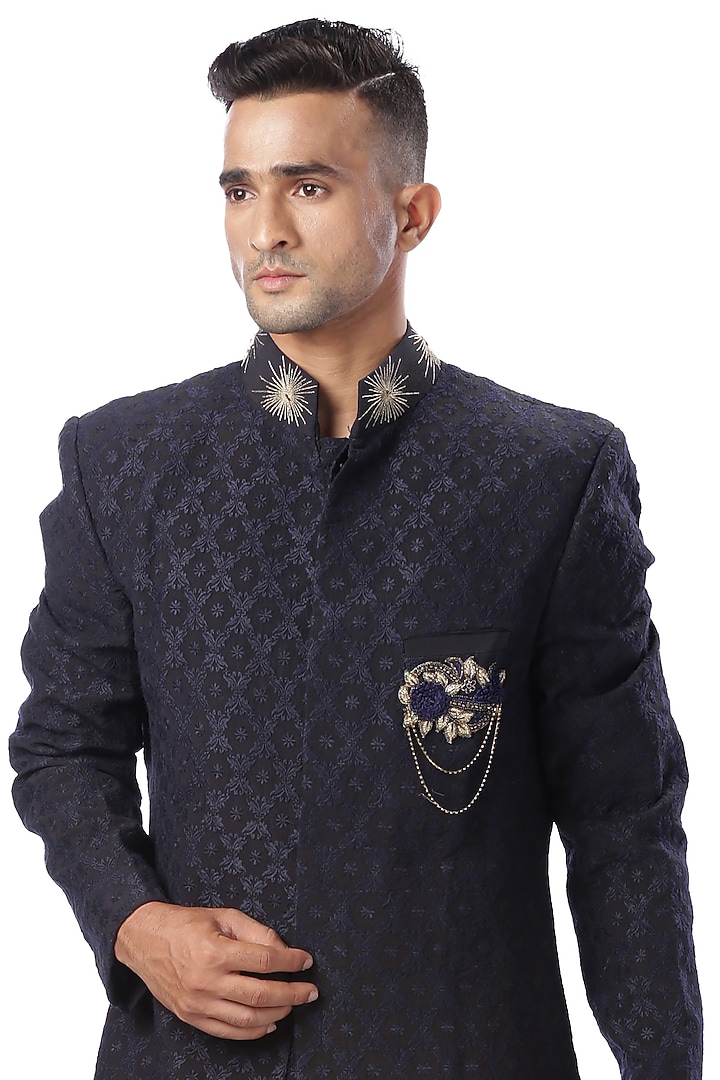 Black Embroidered Achkan Wedding Sherwani Set by Kommal Sood at Pernia's Pop Up Shop