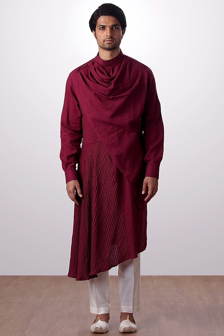 Burgundy Draped Kurta With Cream Pyjama Pants by Kommal Sood