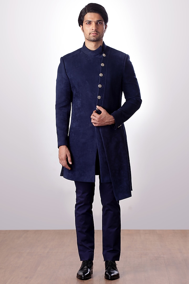 Navy Blue Achkan Jacket With Trouser Pants by Kommal Sood