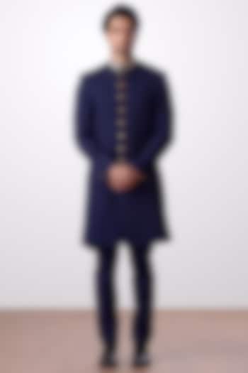 Navy Blue Embroidered Achkan Jacket With Trouser Pants by Kommal Sood