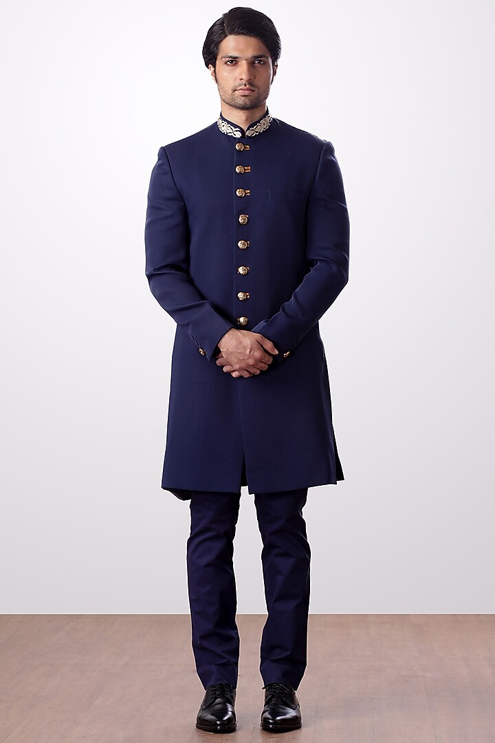 Navy Blue Embroidered Achkan Jacket With Trouser Pants by Kommal Sood
