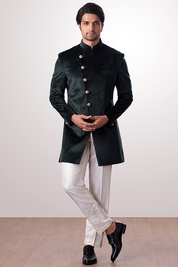 Military Green Achkan Jacket With White Trouser Pants by Kommal Sood