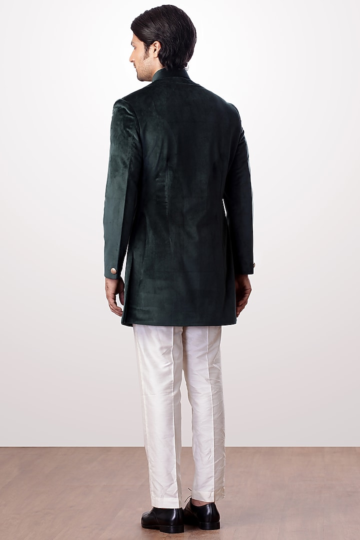 Military Green Achkan Jacket With White Trouser Pants by Kommal Sood at Pernia's Pop Up Shop
