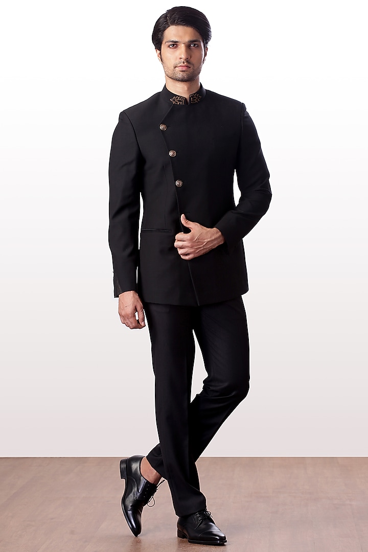 Black Bandhgala Jacket With Trouser Pants by Kommal Sood