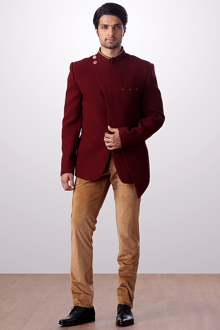 Burgundy Bandhgala Jacket With Tan Trouser Pants by Kommal Sood