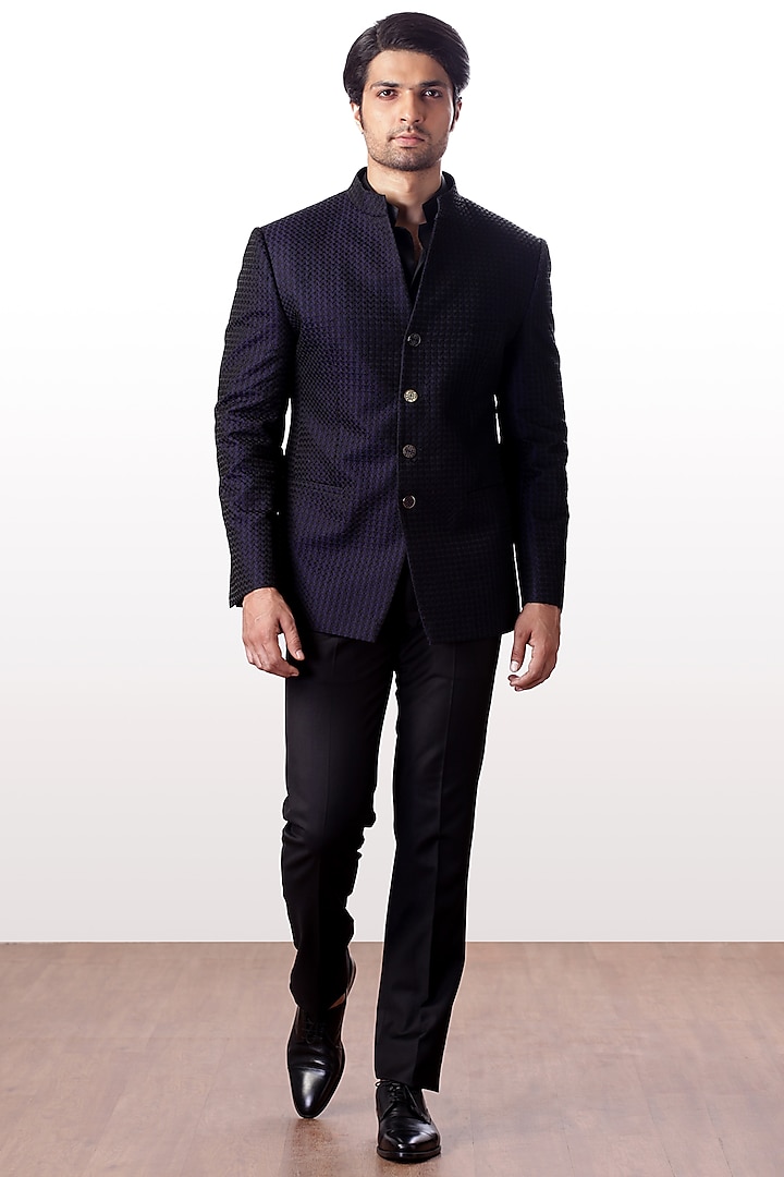 Navy Blue Embroidered Bandhgala Jacket With Trouser Pants by Kommal Sood