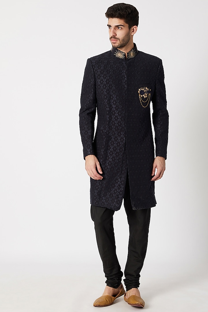 Navy Blue & Black Embroidered Sherwani Set by Kommal Sood