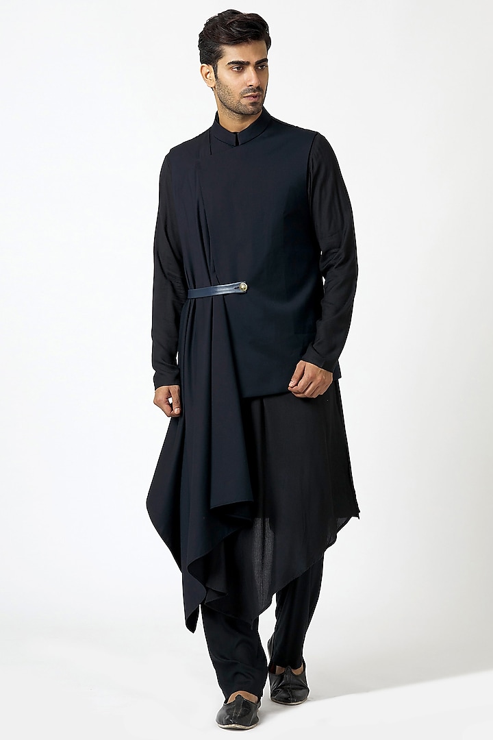 Black Kurta Set With Bundi Waist Coat by Kommal Sood