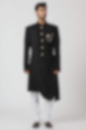 Black Draped Achkan Kurta Set by Kommal Sood at Pernia's Pop Up Shop