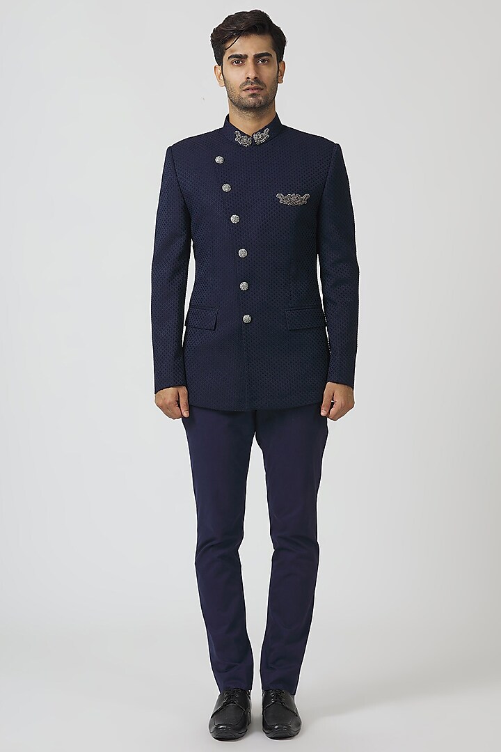 Navy Blue Embroidered Jacket Set by Kommal Sood