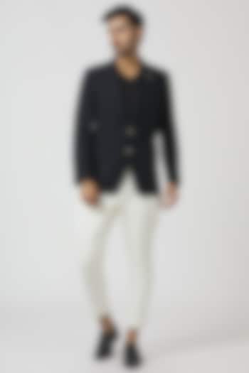 Navy Blue & White Embroidered Blazer Set by Kommal Sood at Pernia's Pop Up Shop