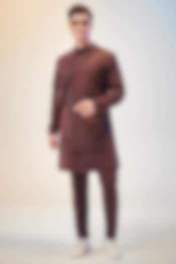 Brick Wine Satin Bundi Jacket With Kurta Set by KORA BY NILESH MITESH at Pernia's Pop Up Shop