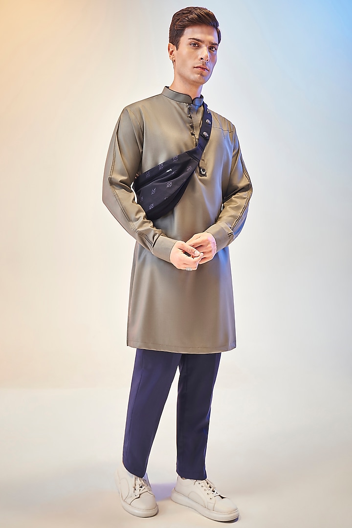 Olive Green Terry Rayon Kurta Set by KORA BY NILESH MITESH