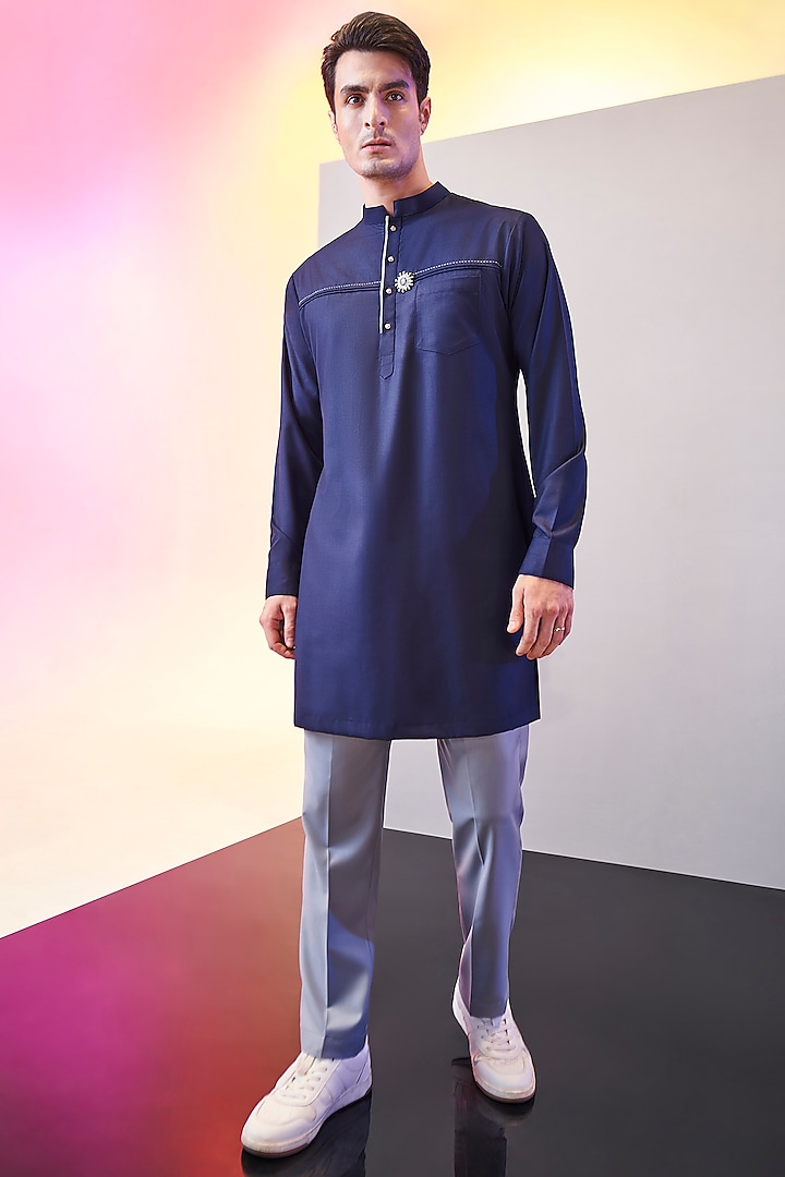 Dark Navy Blue Terry Rayon Kurta Set by KORA BY NILESH MITESH