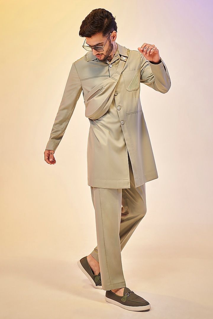 Earthy Olive Green Cotton Pant Set by KORA BY NILESH MITESH