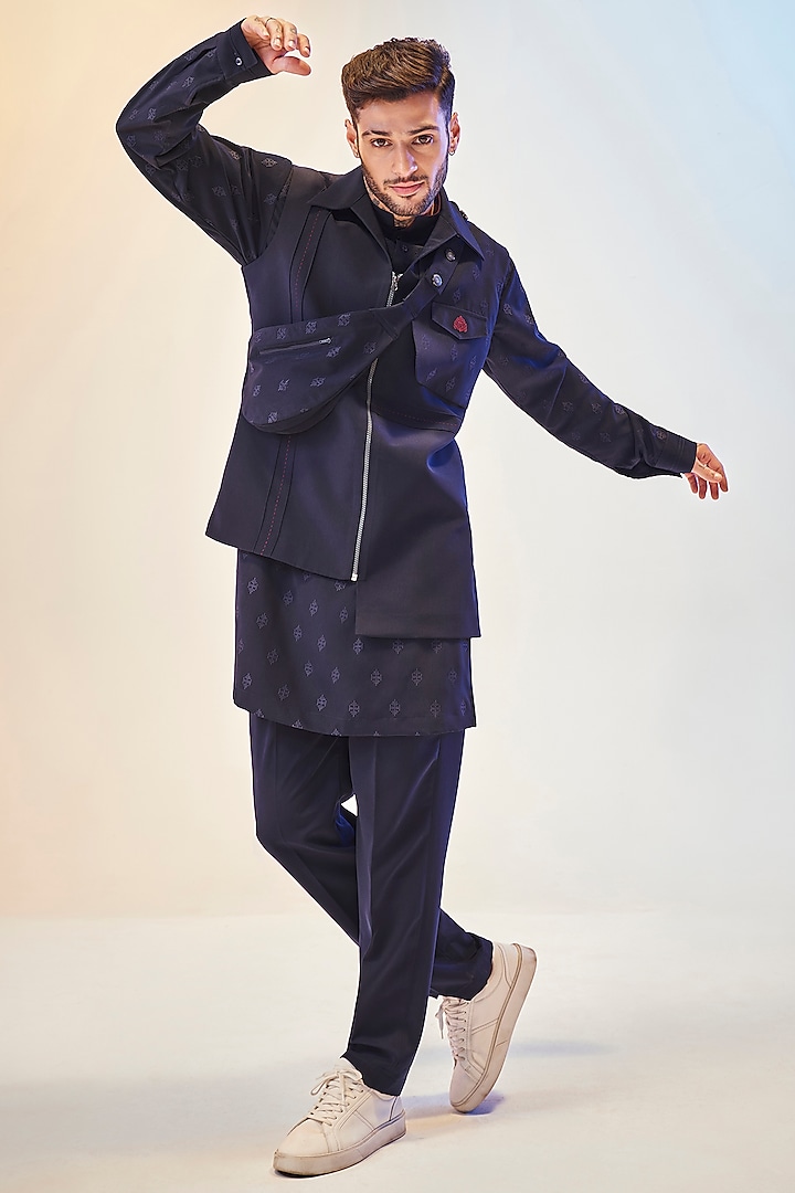 Cosmic Navy Blue Suiting Viscose Bundi Jacket With Kurta Set by KORA BY NILESH MITESH