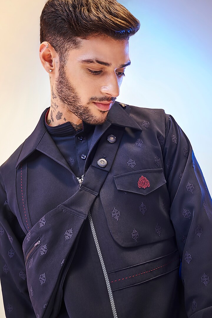 Cosmic Navy Blue Suiting Viscose Bundi Jacket With Kurta Set by KORA BY NILESH MITESH at Pernia's Pop Up Shop