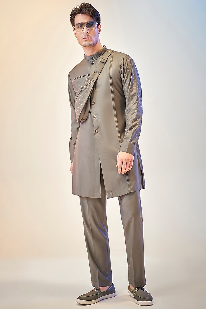 Forest Olive Green Embroidered Kurta Set by KORA BY NILESH MITESH