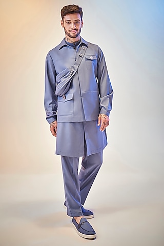 Crayon Blue Blended Rayon Bundi Jacket With Kurta Set by KORA BY NILESH MITESH