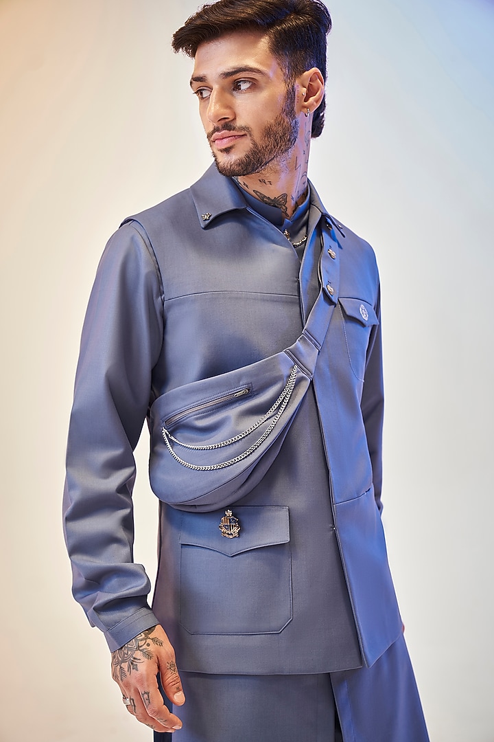 Crayon Blue Blended Rayon Bundi Jacket With Kurta Set by KORA BY NILESH MITESH at Pernia's Pop Up Shop