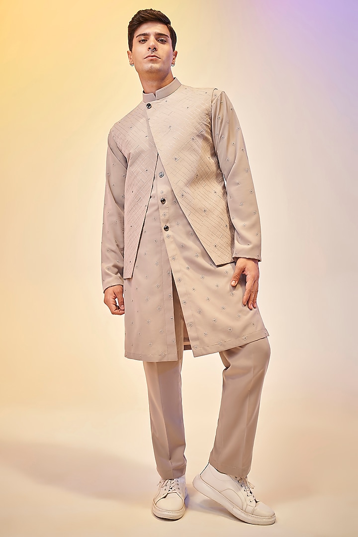Natural Beige Suiting Viscose Bundi Jacket With Kurta Set by KORA BY NILESH MITESH