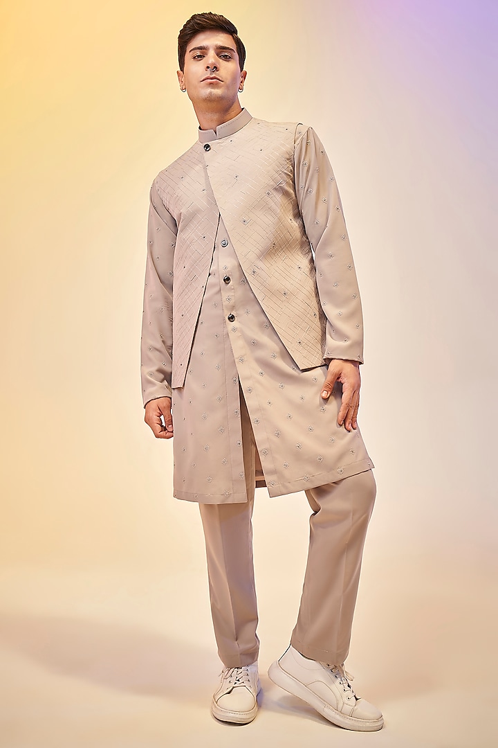 Natural Beige Suiting Viscose Bundi Jacket With Kurta Set by KORA BY NILESH MITESH at Pernia's Pop Up Shop