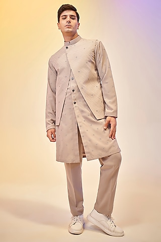 Natural Beige Suiting Viscose Bundi Jacket With Kurta Set by KORA BY NILESH MITESH