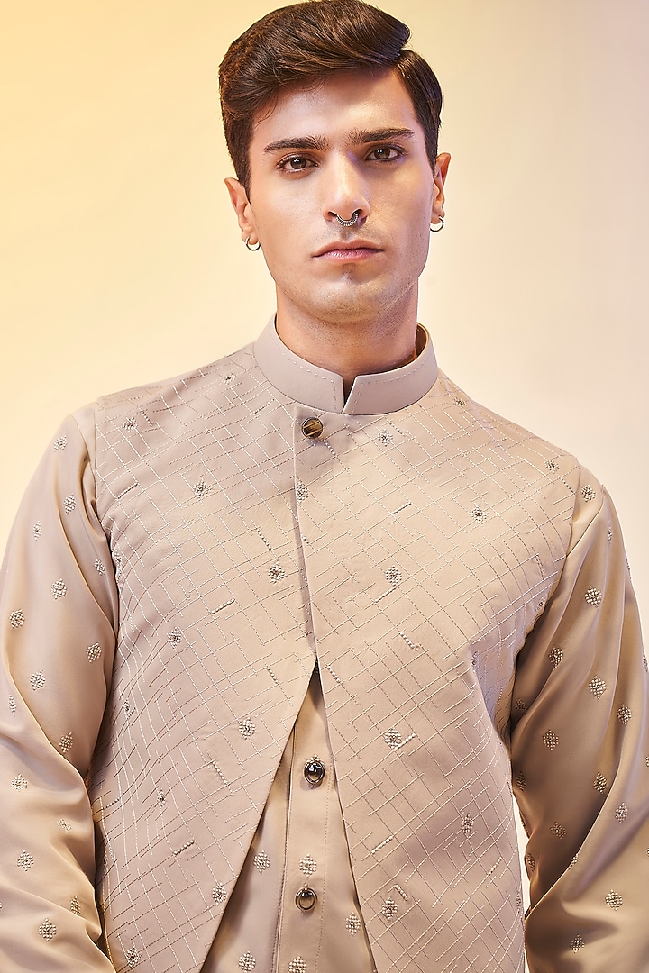 Natural Beige Suiting Viscose Bundi Jacket With Kurta Set by KORA BY NILESH MITESH at Pernia's Pop Up Shop