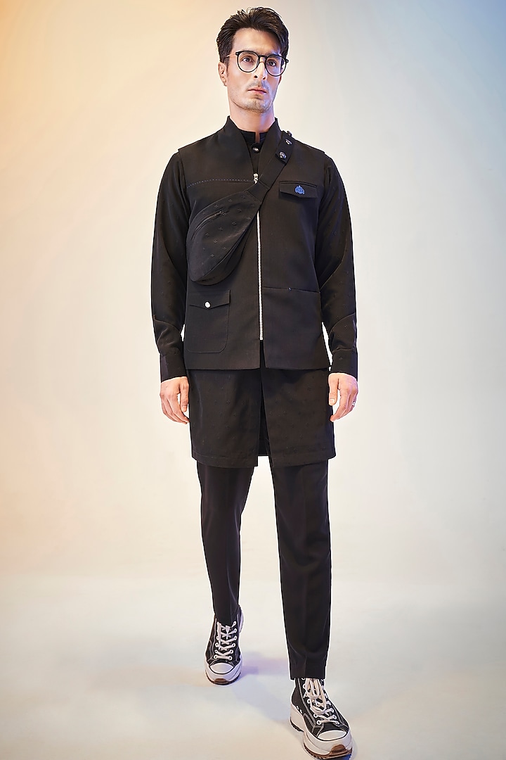 Jet Black Suiting Viscose Bundi Jacket With Kurta Set by KORA BY NILESH MITESH