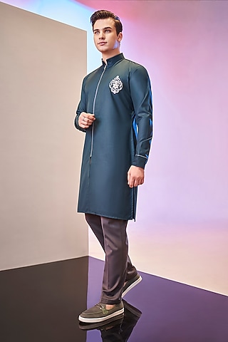 Teal Green Terry Rayon Kurta Set by KORA BY NILESH MITESH