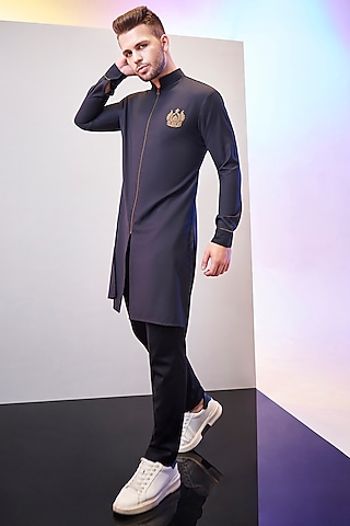 Charcoal Grey Blended Cotton Kurta Set by KORA BY NILESH MITESH