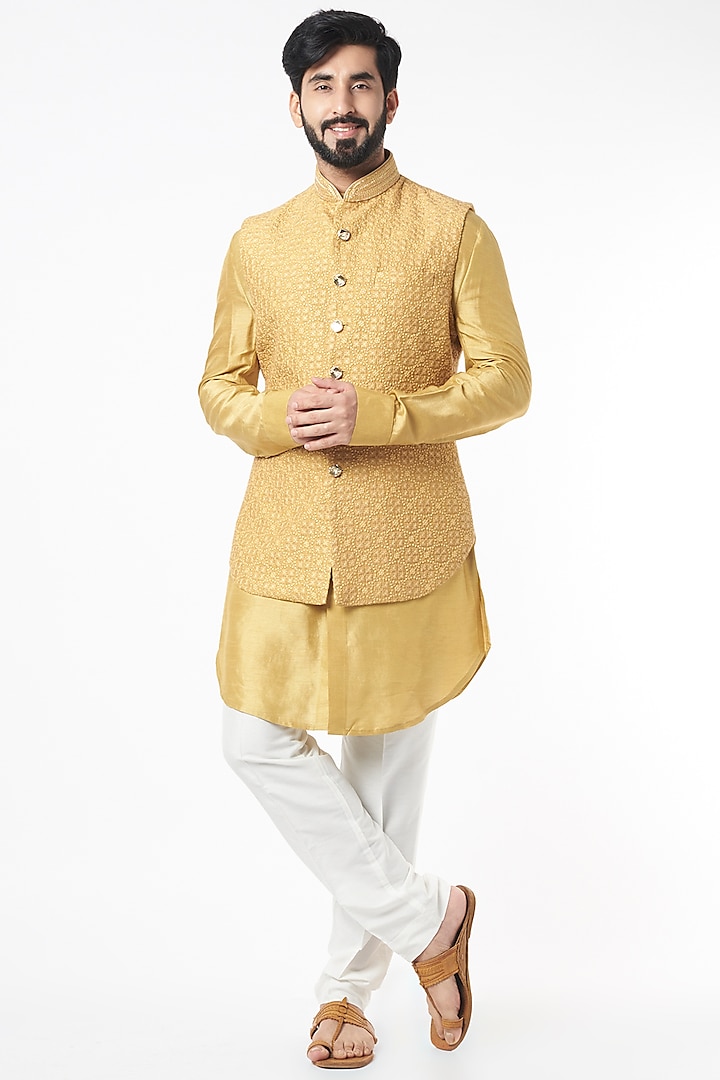 Mustard Resham Embroidered Jacket Set by KORA BY NILESH MITESH