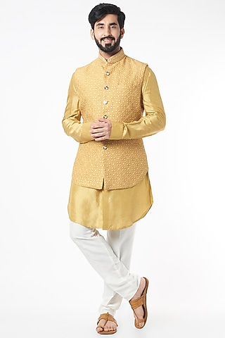 Mustard Resham Embroidered Jacket Set by KORA BY NILESH MITESH