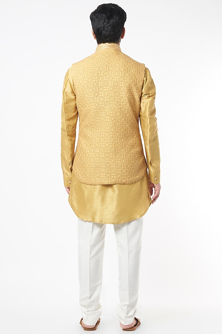 Mustard Resham Embroidered Jacket Set by KORA BY NILESH MITESH at Pernia's Pop Up Shop