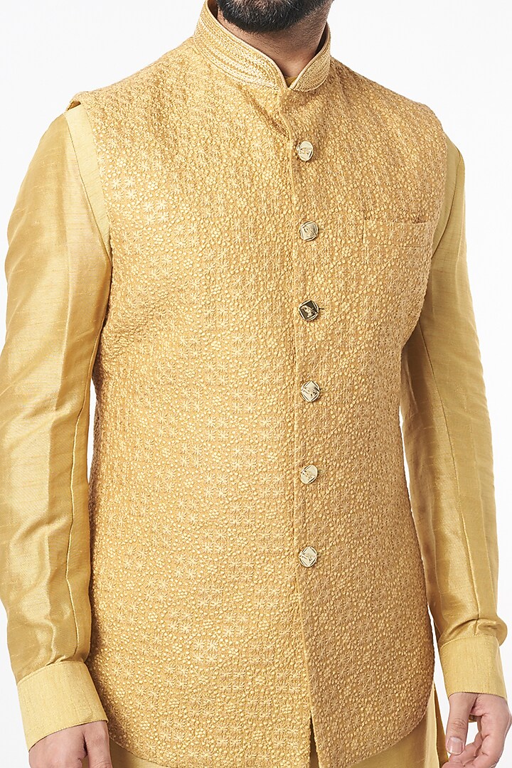 Mustard Resham Embroidered Jacket Set by KORA BY NILESH MITESH at Pernia's Pop Up Shop
