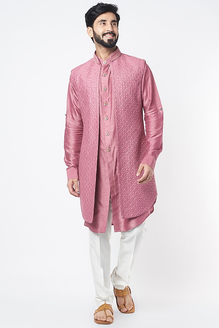 Dark Mauve Lucknowi & Mysore Silk Jacket Set by KORA BY NILESH MITESH