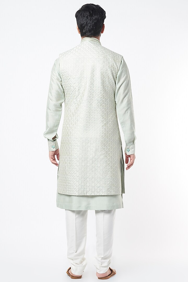 Pista Green Resham Embroidered Jacket Set by KORA BY NILESH MITESH at Pernia's Pop Up Shop