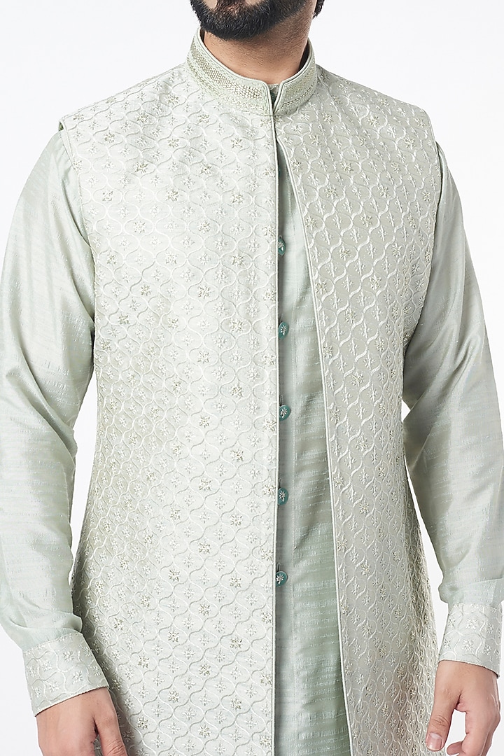 Pista Green Resham Embroidered Jacket Set by KORA BY NILESH MITESH at Pernia's Pop Up Shop